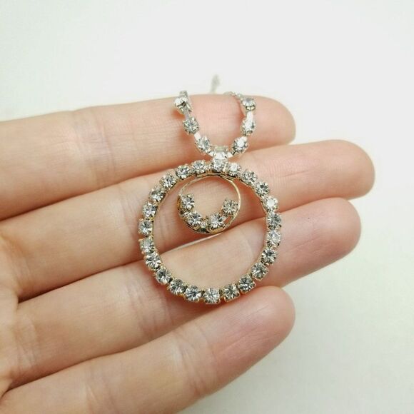 Vintage Circular Rhinestone Pendant Necklace, Silver Tone Chain, Sparkle - Picture 6 of 6